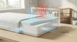 Illustration demonstrating how air circulates through a breathable foam crib mattress to reduce overheating.