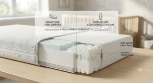 Illustration showing the dual-firmness design of a breathable foam crib mattress for infants and toddlers.