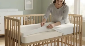 Parent removing the machine-washable cover from a breathable foam crib mattress for easy cleaning.