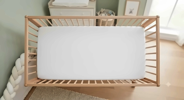 Top view of a breathable foam crib mattress with a white fitted sheet in a nursery setting.