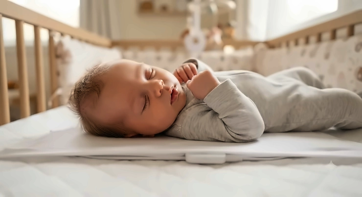A close-up of a baby sleeping peacefully on a crib mattress with a breathing monitor mattress pad installed.