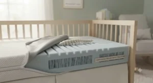Demonstration of the firm, supportive core of a climate control crib mattress for healthy spinal development.