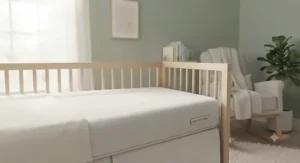 A climate control crib mattress placed inside a modern wooden crib in a decorated nursery.
