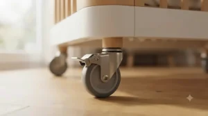 Close-up view of the secure locking mechanism on a lockable caster crib wheel.