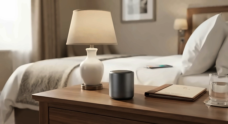 A compact travel white noise machine resting on a wooden hotel nightstand next to a lamp.