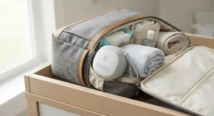 Compact white noise machine for nursery packed neatly inside an open diaper bag for travel