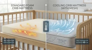 A comparison graphic showing the airflow benefits of a cooling crib mattress versus a standard foam crib mattress.