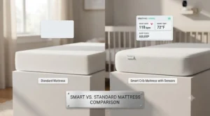 Infographic comparing the health benefits of a standard mattress versus a smart crib mattress with sensors.