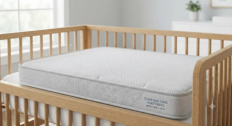 A high-quality cooling crib mattress featuring breathable mesh fabric for improved airflow and temperature regulation.