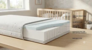 Cross-section diagram showing the airflow layers and foam core of a breathable crib mattress.