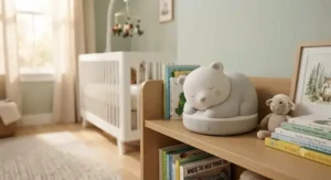 Cute animal-shaped white noise machine for nursery blending seamlessly with playful room decor