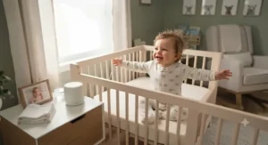 A happy baby waking up well-rested in the morning after sleeping with non looping white noise