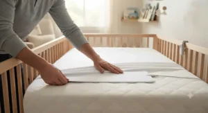 Parent demonstrating the easy setup of a breathing monitor mattress pad under a crib sheet.