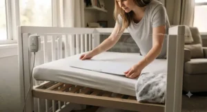 Parent demonstrating how to correctly place an infant breathing alarm pad beneath the baby mattress for optimal monitoring.