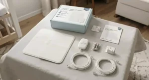 A flat-lay view of all components included with an infant breathing alarm pad system, including sensor pads and cables.