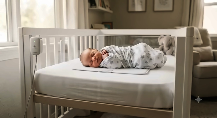 A newborn baby sleeping safely in a crib with an infant breathing alarm pad placed underneath the mattress.