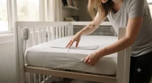 Close-up of a parent performing a routine safety check on an infant breathing alarm pad setup in a baby bed.