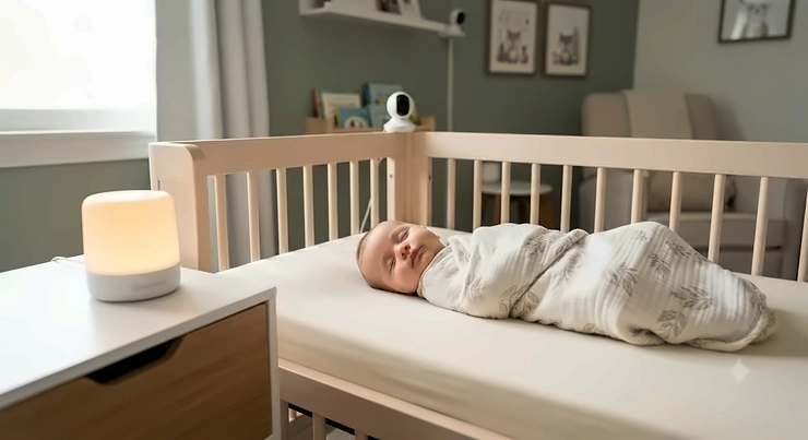An infant napping soundly in a nursery featuring a continuous non looping white noise sound machine non looping white noise baby