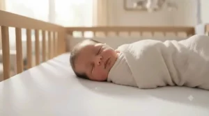 A peaceful infant sleeping on a comfortable smart crib mattress with sensors to monitor sleep quality.