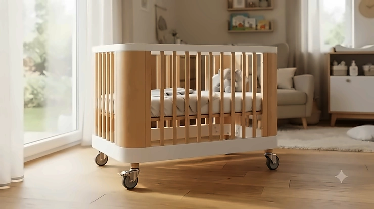 Modern baby nursery featuring a stylish lockable caster crib for easy mobility and safety.