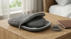 A minimalist travel white noise machine resting partially zipped inside its protective travel pouch.