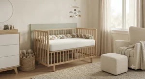 A cozy, minimalist nursery featuring a comfortable, breathable foam crib mattress.