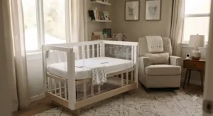 A cozy, modern nursery setup featuring a crib equipped with an infant breathing alarm pad for peace of mind.