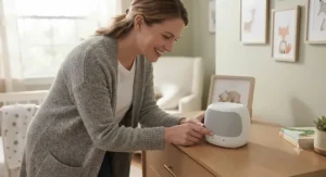 A mother smiling while adjusting the volume on a nature sounds sleep machine in her infant's bedroom.