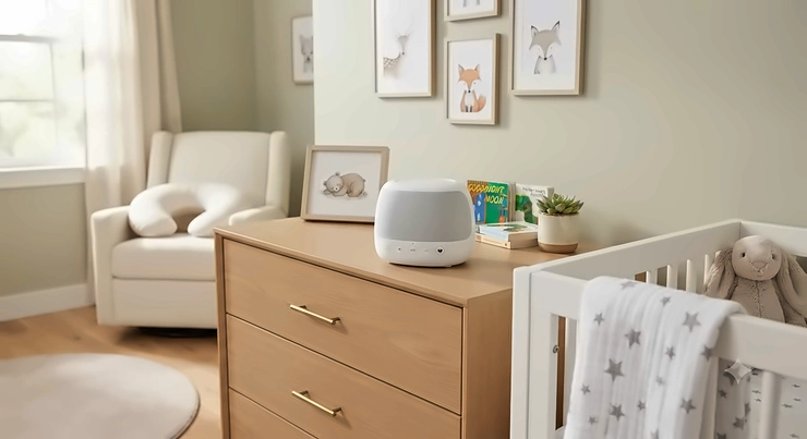 A white noise and nature sounds sleep machine sitting on a modern wooden dresser in a cozy baby nursery. nature sounds sleep machine baby