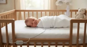 A newborn baby resting safely on a crib mattress equipped with a discreet breathing monitor pad.