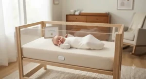 Newborn baby resting comfortably on a certified safe wireless breathing sensor mattress