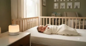 A newborn baby sleeping peacefully in a crib with a non looping white noise machine nearby