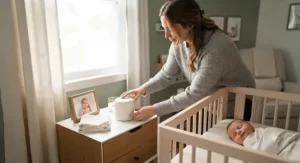 A parent adjusting a non looping white noise machine on a nightstand in a modern baby nursery