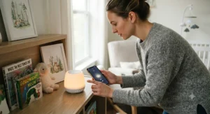 Parent using a smartphone app to adjust settings on a smart white noise machine for nursery