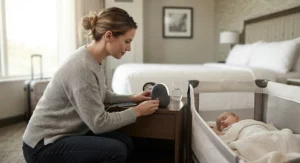 A parent setting up a portable travel white noise machine in a hotel room for a sleeping baby.