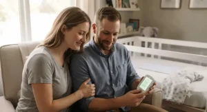 Happy parents checking the display of their infant breathing alarm pad to monitor their sleeping baby's movement.