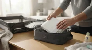 A compact breathing monitor mattress pad being packed into a travel bag for use with a portable crib.
