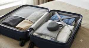 A portable travel white noise machine neatly packed inside an open carry-on suitcase for a trip.