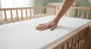 Close-up of a parent hand pressing onto a breathable foam crib mattress to show firm, supportive surface.
