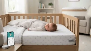 A peaceful baby sleeping soundly on a premium smart crib mattress with sensors.