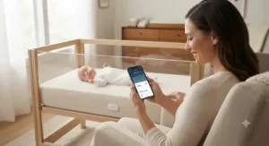 Parent checking baby sleep data on smartphone connected to wireless breathing sensor mattress