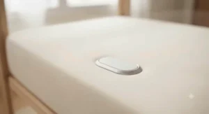 Close-up of smart baby mattress featuring integrated wireless breathing sensor technology