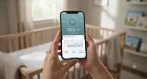 Smartphone screen showing real-time infant sleep data from a connected breathing monitor mattress pad.