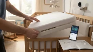 Step-by-step visual guide on how to properly set up a smart crib mattress with sensors.