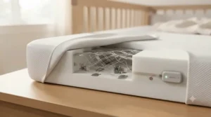 Diagram showing precise sensor placement inside a smart crib mattress for accurate breathing and movement tracking.