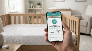 Mobile app interface displaying real-time data from a smart crib mattress with sensors.