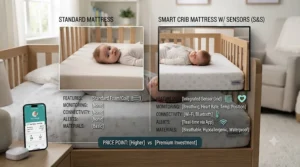Comparison chart highlighting features of a standard mattress versus a smart crib mattress with sensors.