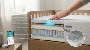 Cross-section illustration showing the breathable, waterproof layers of a smart crib mattress with sensors.
