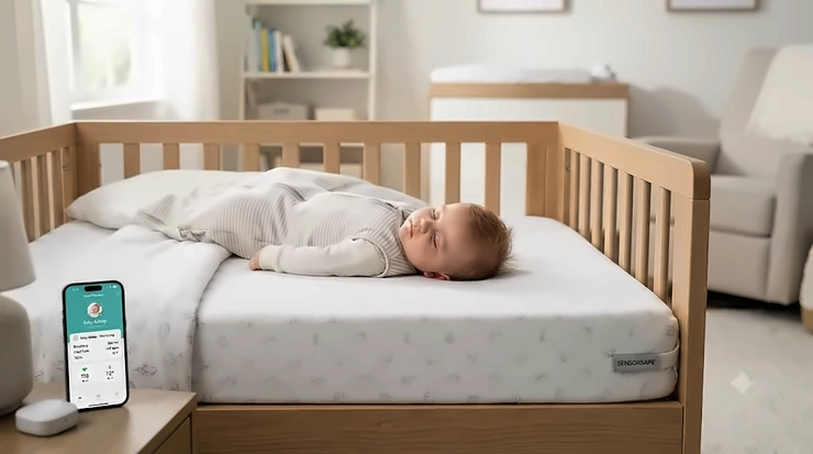 Modern smart crib mattress with integrated health monitoring sensors for infant safety. wifi enabled crib mattress