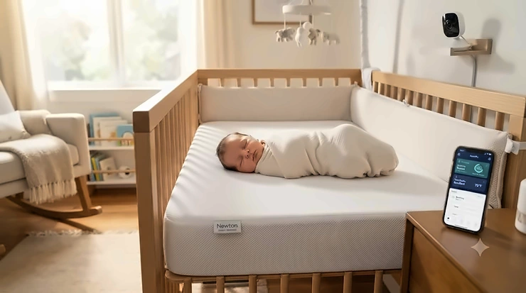 A high-quality smart crib mattress with sensors integrated, promoting safe sleep monitoring for infants in a modern nursery.